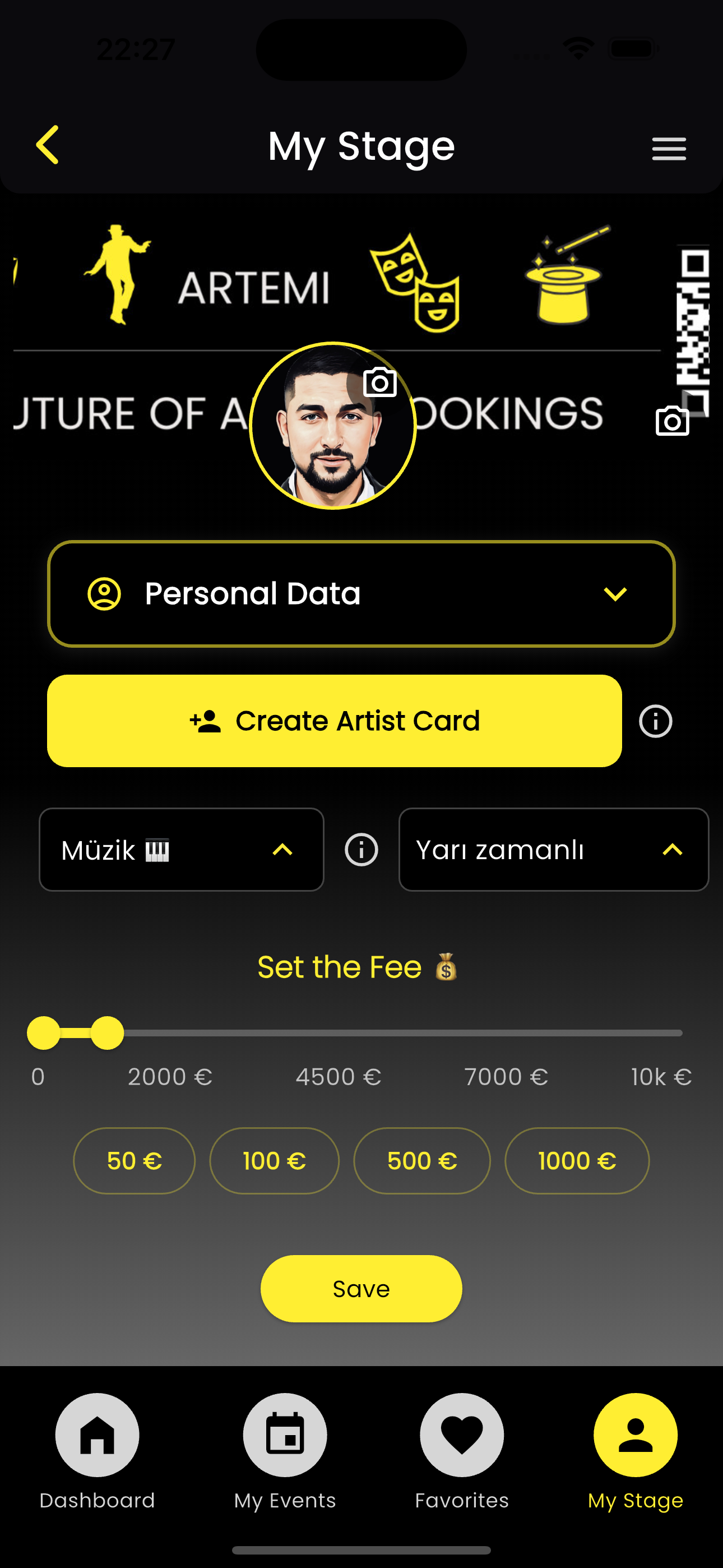 Artemi artist profile screen